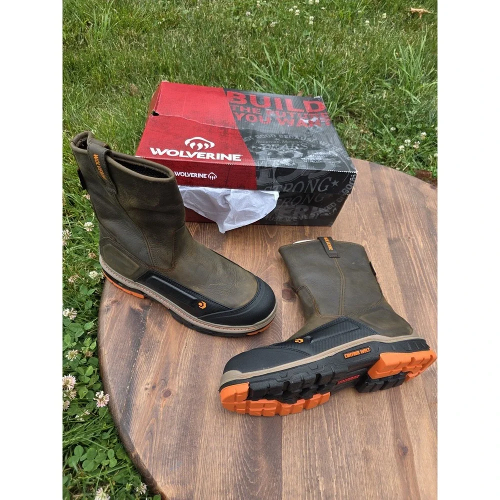 13EW Extra Wide-Wolverine Overpass CM Work Boots W10708 Brown Safety Toe Pull-on
